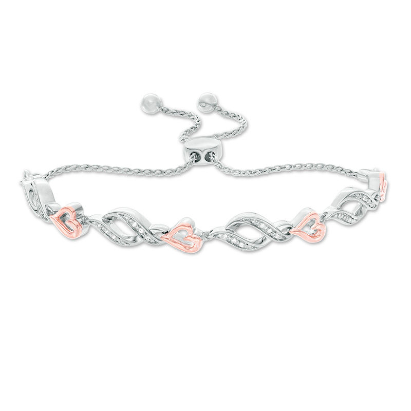 0.04 CT. T.W. Diamond Sideways Heart and Flame Link Bolo Bracelet in Sterling Silver and 10K Rose Gold - 9.5"|Peoples Jewellers