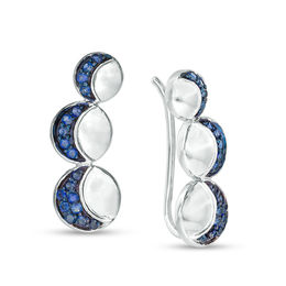 Lab-Created Blue Sapphire Crescent Three Moon Curved Crawler Earrings in Sterling Silver