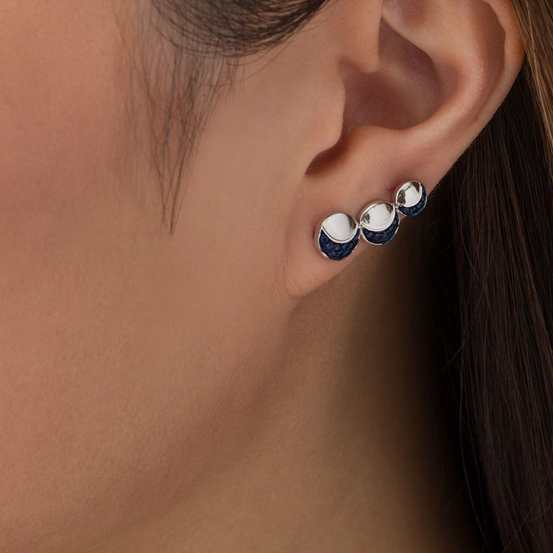 Lab-Created Blue Sapphire Crescent Three Moon Curved Crawler Earrings in Sterling Silver