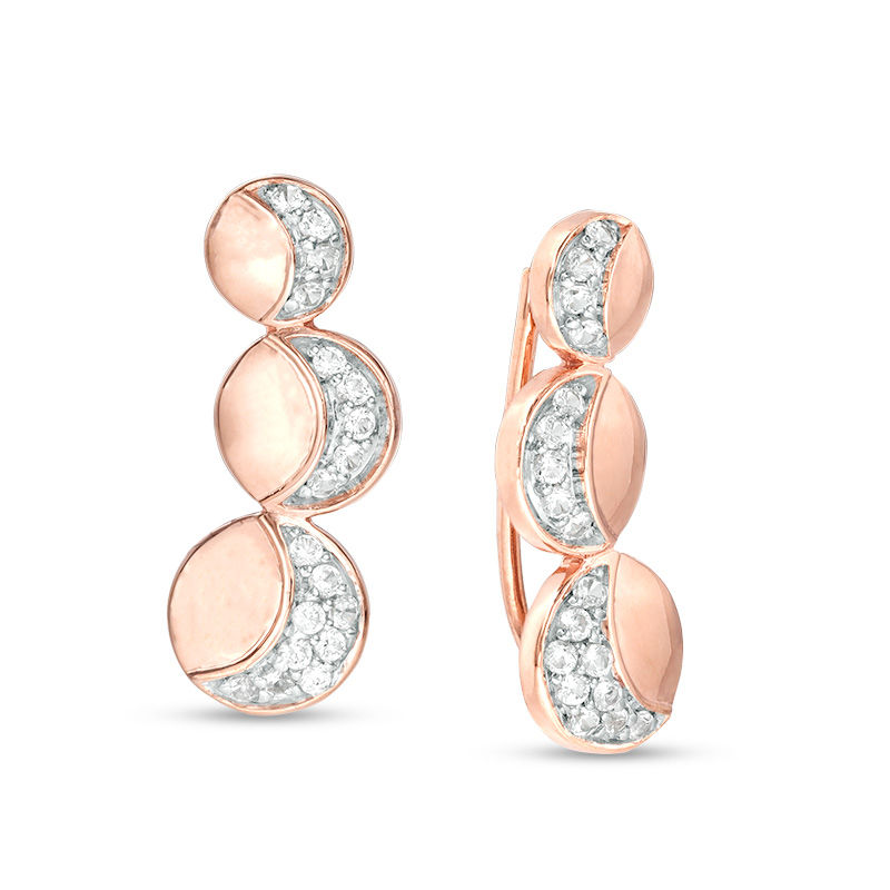 Lab-Created White Sapphire Crescent Three Moon Curved Crawler Earrings in Sterling Silver with 14K Rose Gold Plate