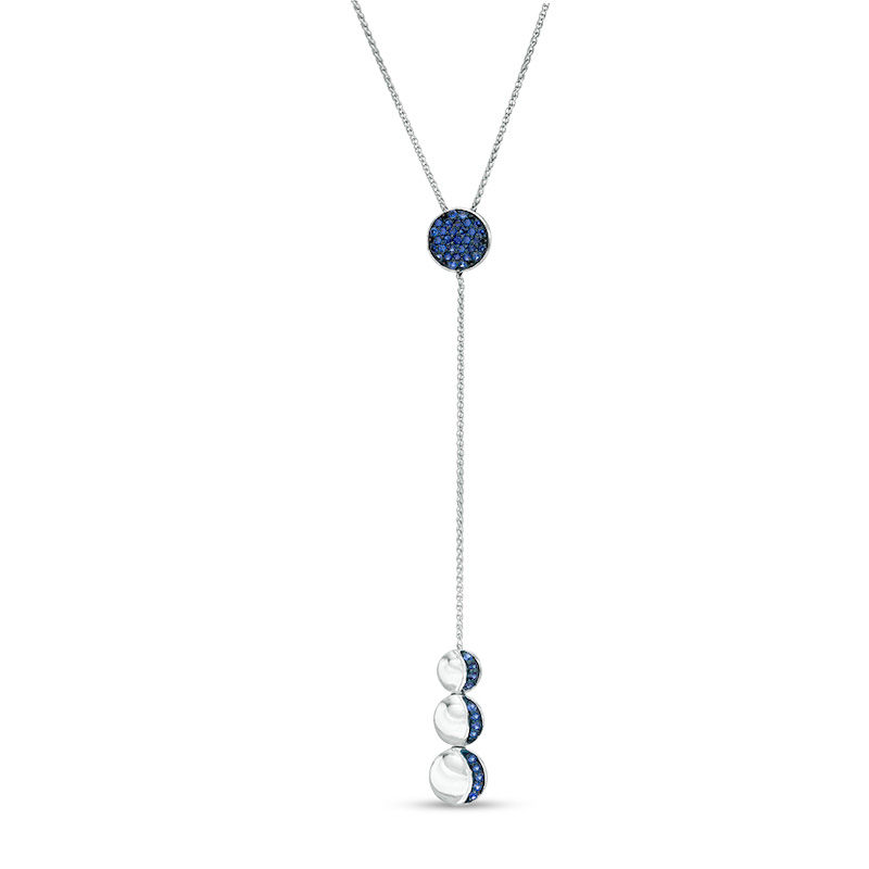 Lab-Created Blue Sapphire Full and Crescent Three Moon "Y" Necklace in Sterling Silver - 38"