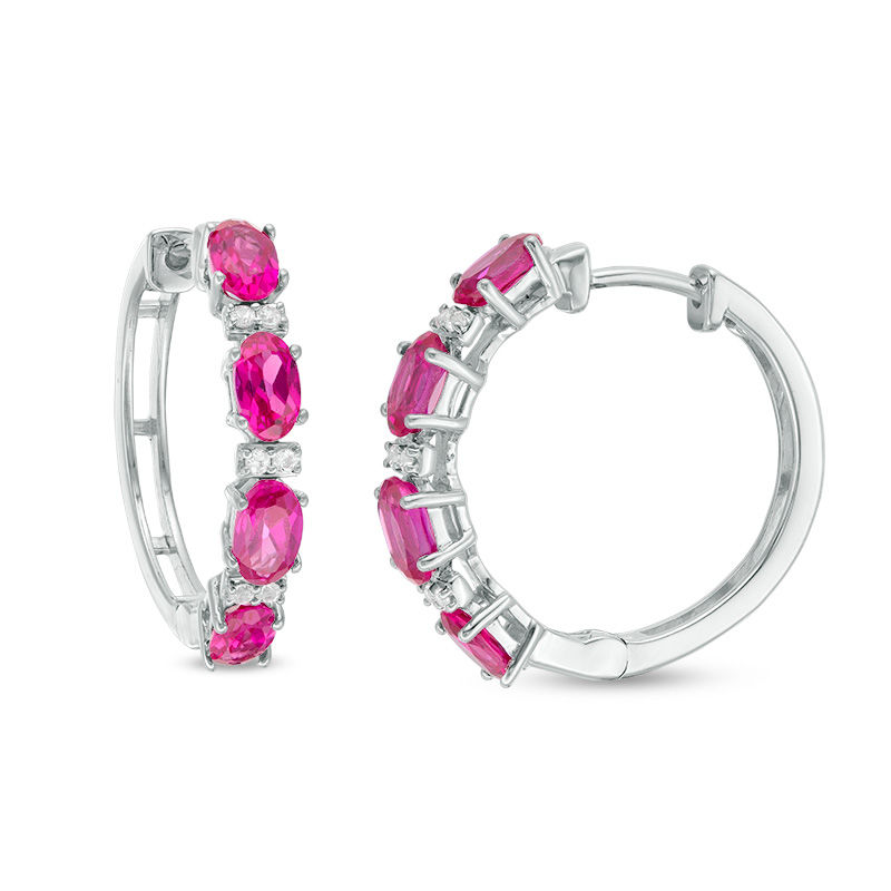 Oval Lab-Created Ruby and White Sapphire Hoop Earrings in Sterling Silver|Peoples Jewellers