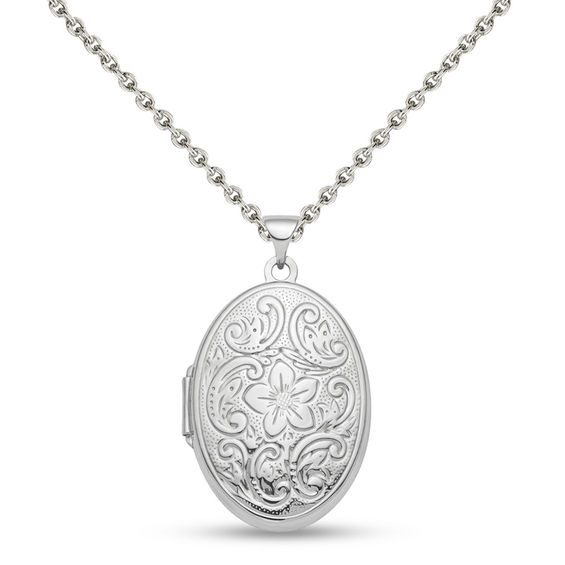 Flower-Pattern Oval Locket in Sterling Silver
