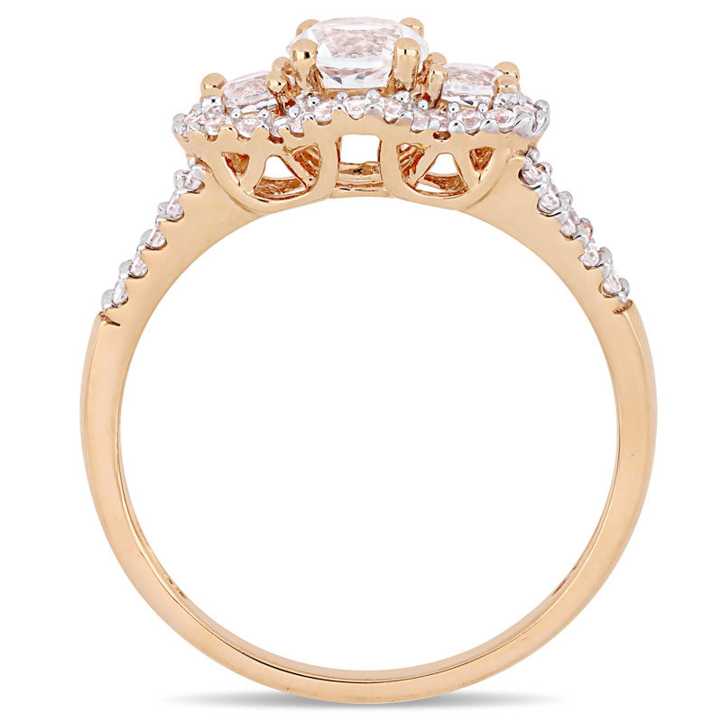 5.0mm Lab-Created White Sapphire and 0.10 CT. T.W. Diamond Frame Three Stone Ring in 10K Rose Gold