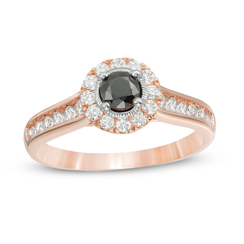 Main Image 1 of 0.70 CT. T.W. Enhanced Black and White Diamond Frame Vintage-Style Engagement Ring in 14K Rose Gold