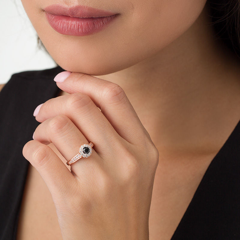Main Image 3 of 0.70 CT. T.W. Enhanced Black and White Diamond Frame Vintage-Style Engagement Ring in 14K Rose Gold