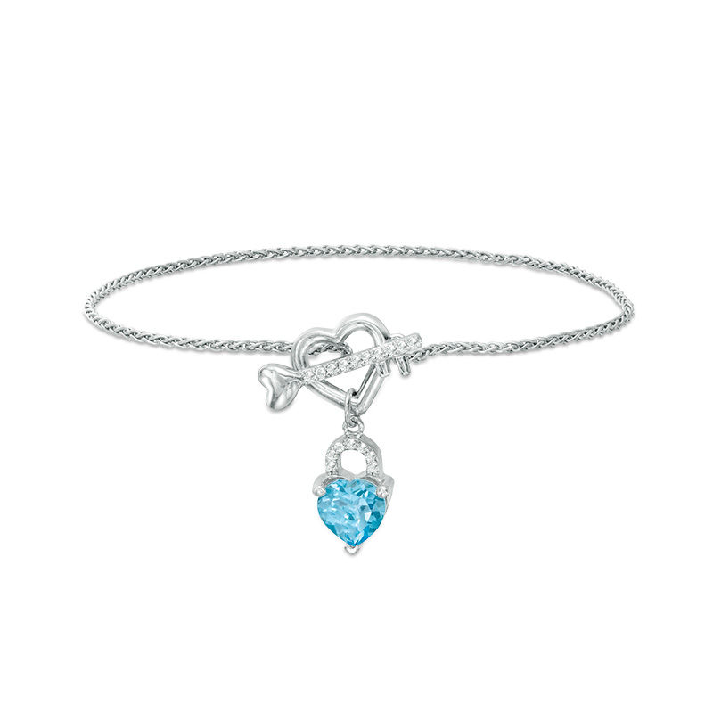 7.0mm Heart-Shaped Blue and White Topaz Lock with Key Toggle Bracelet in Sterling Silver  - 7.25"|Peoples Jewellers