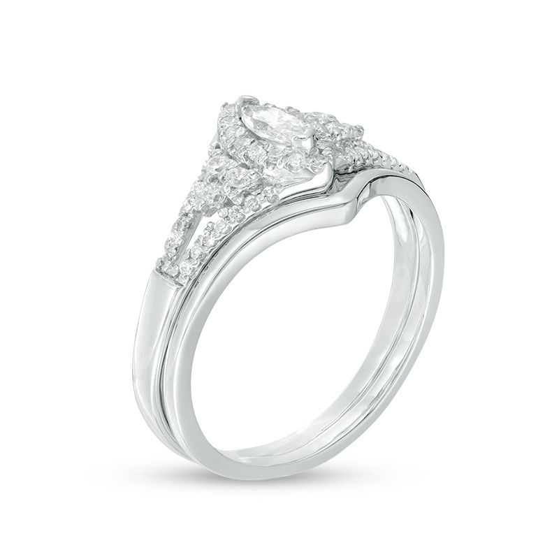 Main Image 2 of 0.37 CT. T.W. Marquise Diamond Frame Tri-Sides Bridal Set in 10K White Gold