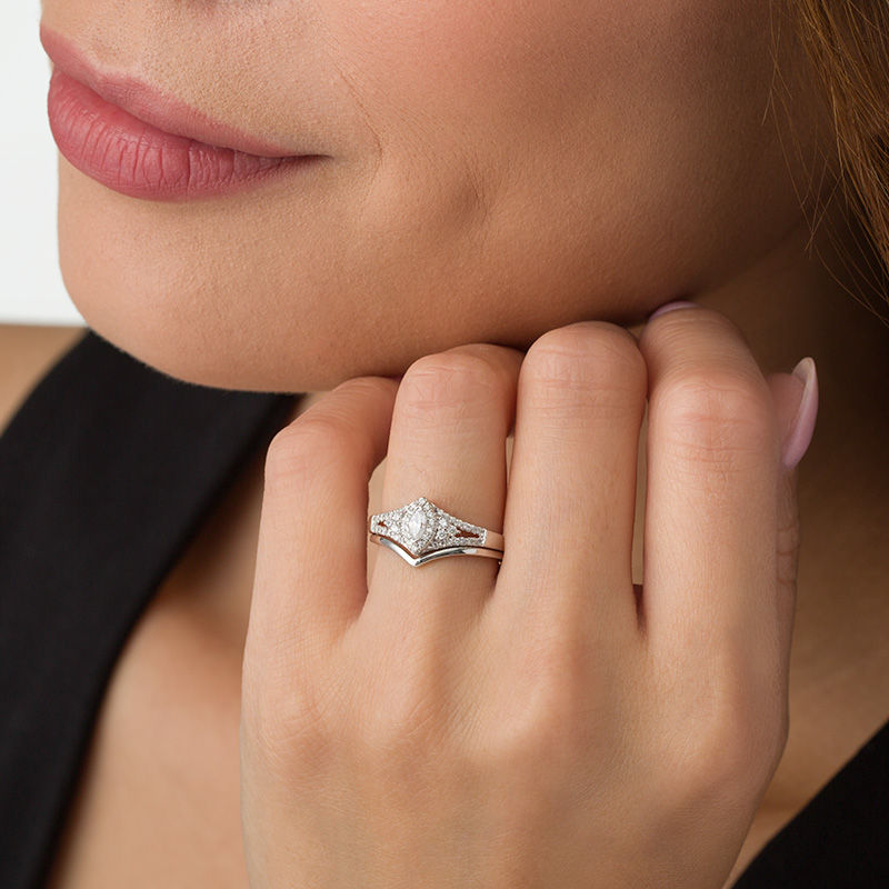 Main Image 3 of 0.37 CT. T.W. Marquise Diamond Frame Tri-Sides Bridal Set in 10K White Gold