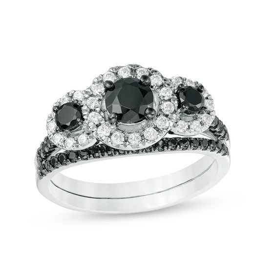 0.91 CT. T.W. Enhanced Black and White Diamond Frame Three Stone Bridal Set in 10K White Gold