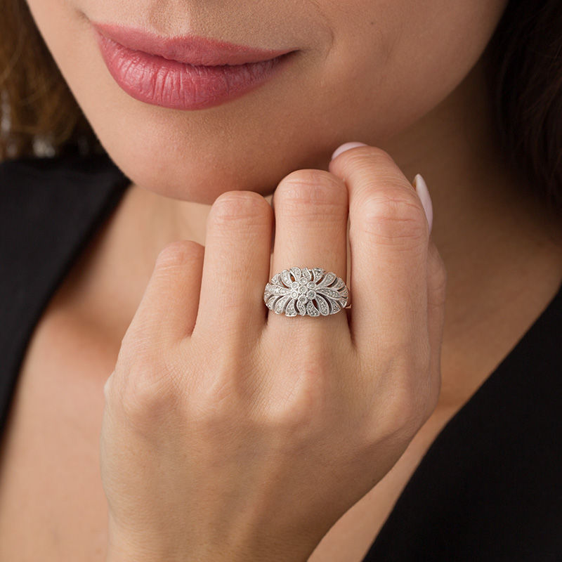 Main Image 3 of 0.18 CT. T.W. Composite Diamond Leaf Vintage-Style Ring in Sterling Silver - Size 7