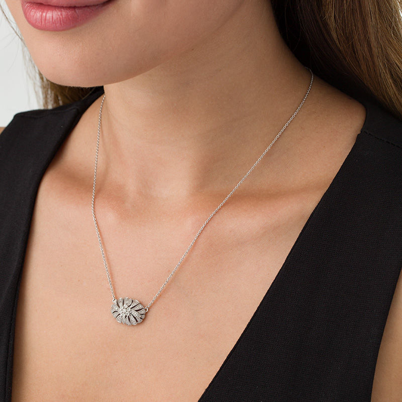 Main Image 2 of 0.145 CT. T.W. Composite Diamond Filigree Vintage-Style Necklace in Sterling Silver