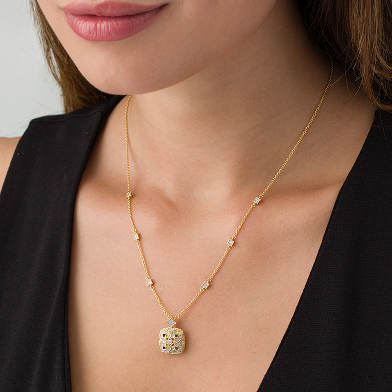 Main Image 2 of 0.18 CT. T.W. Diamond Heart Clover Station Necklace in Sterling Silver with 18K Gold Plate - 20"