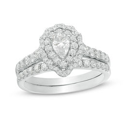 1.00 CT. T.W. Pear-Shaped Diamond Scallop Frame Bridal Set in 14K White Gold