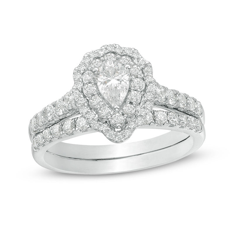 1.00 CT. T.W. Pear-Shaped Diamond Scallop Frame Bridal Set in 14K White Gold|Peoples Jewellers