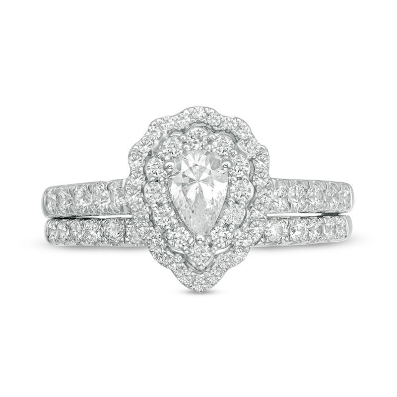 Main Image 6 of 1.00 CT. T.W. Pear-Shaped Diamond Scallop Frame Bridal Set in 14K White Gold
