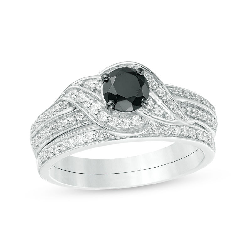 0.70 CT. T.W. Enhanced Black and White Diamond Bypass Bridal Set in 10K White Gold