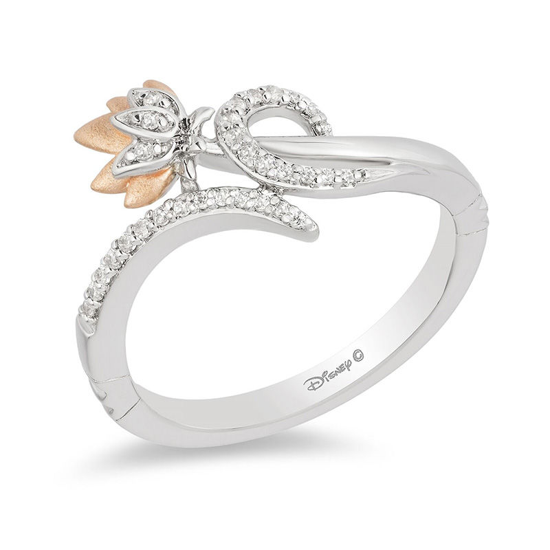 Enchanted Disney Jasmine 0.085 CT. T.W. Diamond Lotus Bypass Wrap Ring in Sterling Silver and 10K Rose Gold