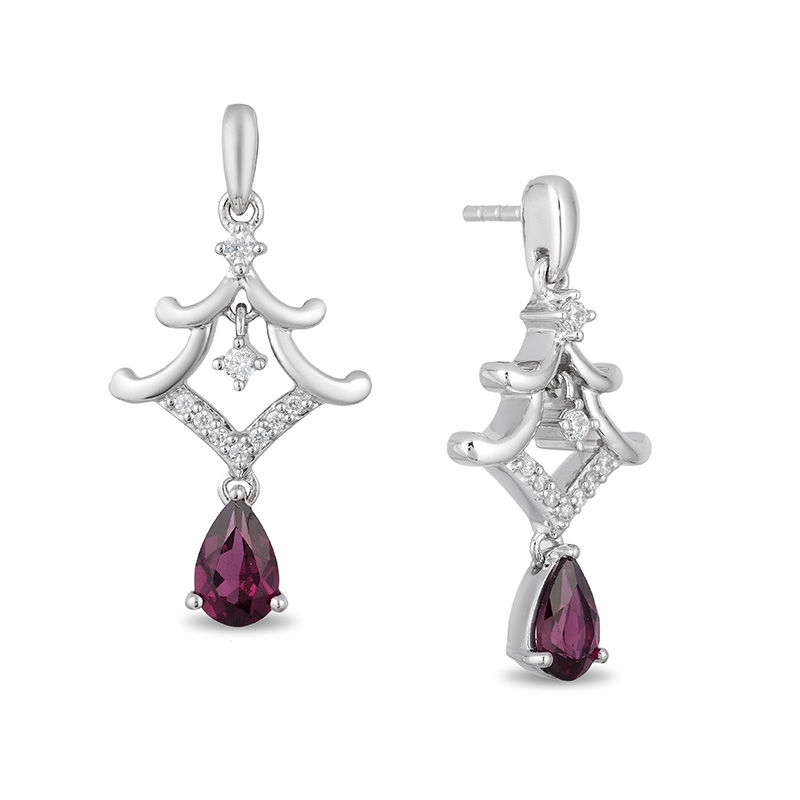 Enchanted Disney Mulan Pear-Shaped Garnet and 0.085 CT. T.W. Diamond Pagoda Drop Earrings in Sterling Silver