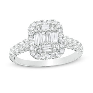 0.85 CT. T.W. Composite Baguette and Round Diamond Frame Engagement Ring in 14K White Gold