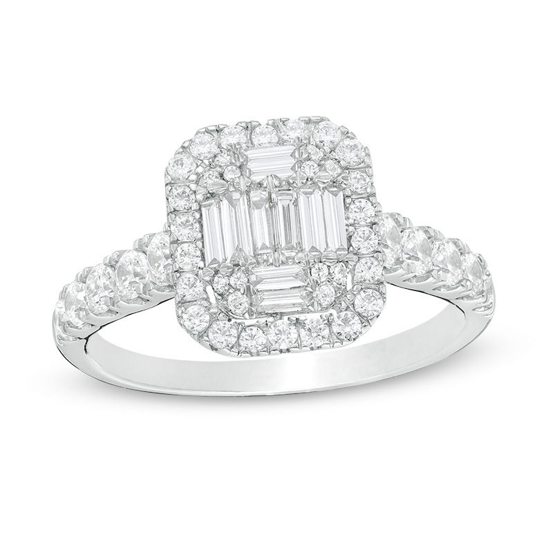 0.85 CT. T.W. Composite Baguette and Round Diamond Frame Engagement Ring in 14K White Gold