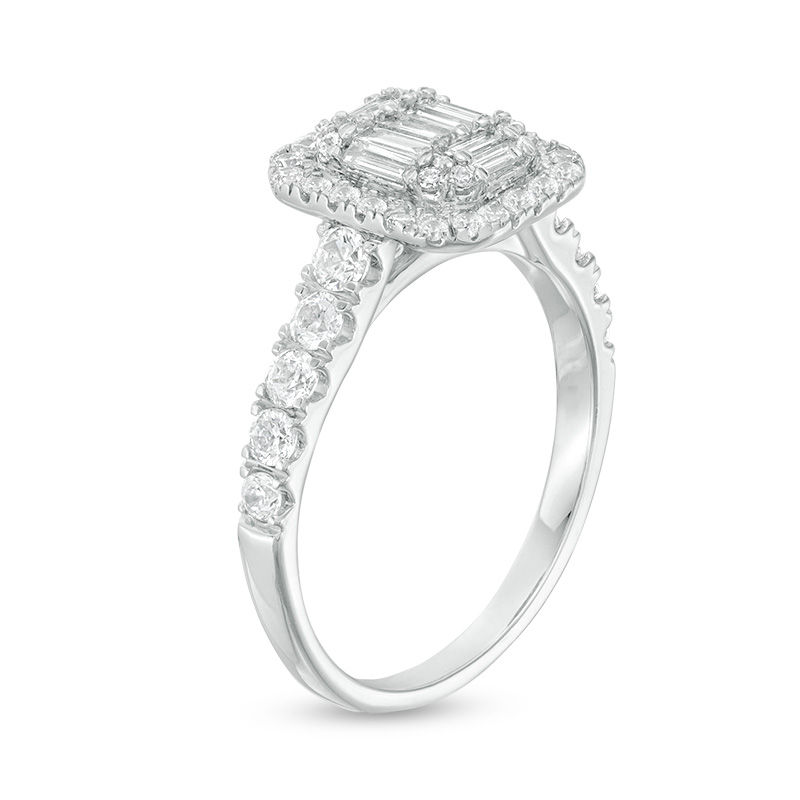 0.85 CT. T.W. Composite Baguette and Round Diamond Frame Engagement Ring in 14K White Gold