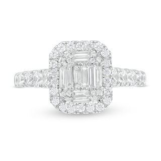 0.85 CT. T.W. Composite Baguette and Round Diamond Frame Engagement Ring in 14K White Gold