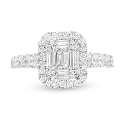 0.85 CT. T.W. Composite Baguette and Round Diamond Frame Engagement Ring in 14K White Gold