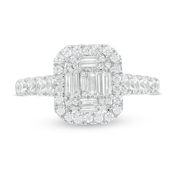 0.85 CT. T.W. Composite Baguette and Round Diamond Frame Engagement Ring in 14K White Gold