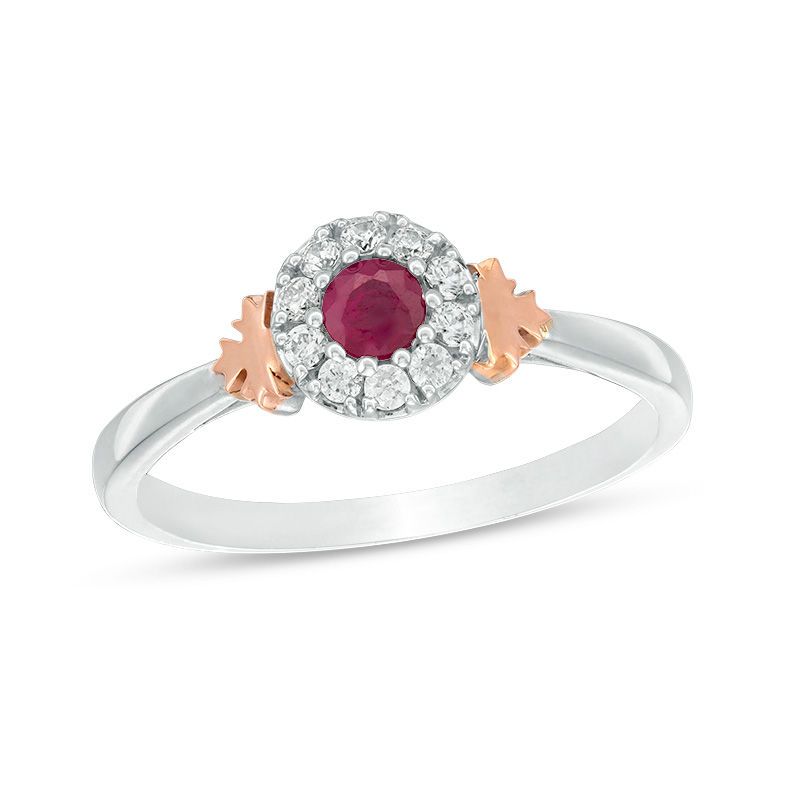 Peoples 100-Year Anniversary Ruby and 0.12 CT. T.W. Diamond Frame Maple Leaf Ring in 14K Two-Tone Gold