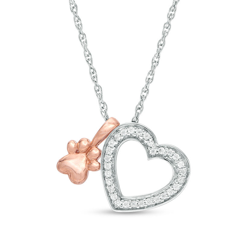 Main Image 1 of 0.10 CT. T.W. Diamond Heart and Paw Pendant in Sterling Silver and 10K Rose Gold