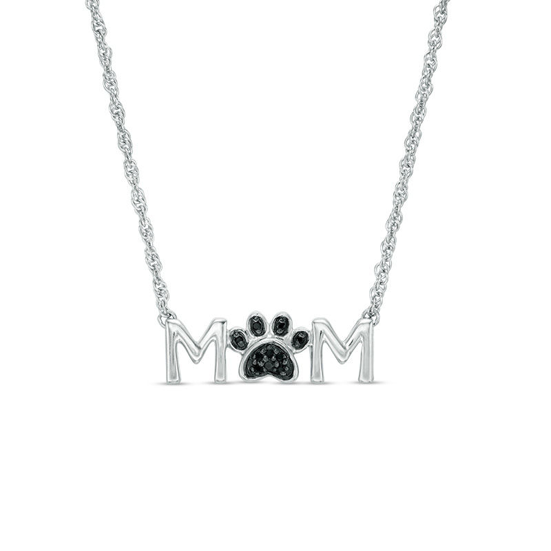 Black Diamond Accent "MOM" Paw Necklace in Sterling Silver