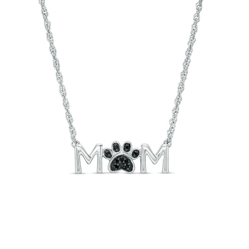 Main Image 1 of Black Diamond Accent "MOM" Paw Necklace in Sterling Silver