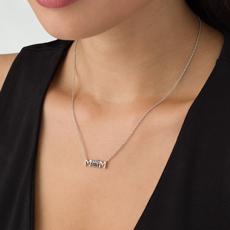 Main Image 2 of Black Diamond Accent "MOM" Paw Necklace in Sterling Silver
