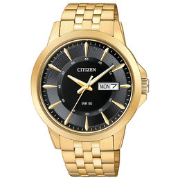 Men's Citizen Quartz Gold-Tone Watch with Black Dial (Model: BF2013-56E)