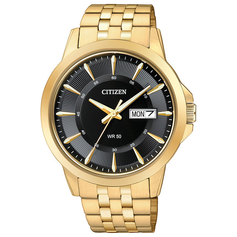 Men's Citizen Quartz Gold-Tone Watch with Black Dial (Model: BF2013-56E)|Peoples Jewellers