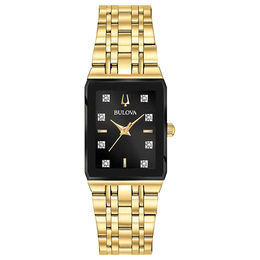 Ladies' Bulova Modern Diamond Accent Gold-Tone Watch with Rectangular Black Dial (Model: 97P135)