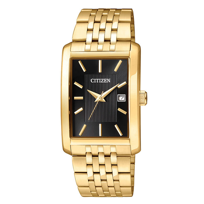 Men's Citizen Quartz Gold-Tone Watch with Tonneau Black Dial (Model: BH1673-50E)|Peoples Jewellers