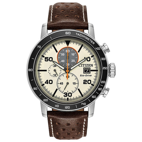 Men's Citizen Eco-Drive® Brycen Chronograph Strap Watch with Ivory Dial (Model: CA0649-06X)
