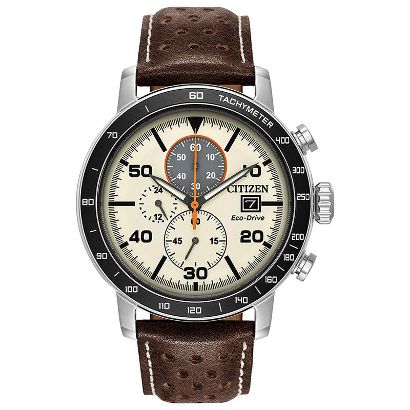 Men's Citizen Eco-Drive® Brycen Chronograph Strap Watch with Ivory Dial (Model: CA0649-06X)|Peoples Jewellers