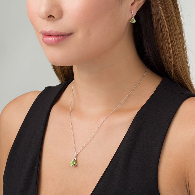 Trillion-Cut Peridot and Lab-Created White Sapphire Flame Pendant and Drop Earrings Set in Sterling Silver