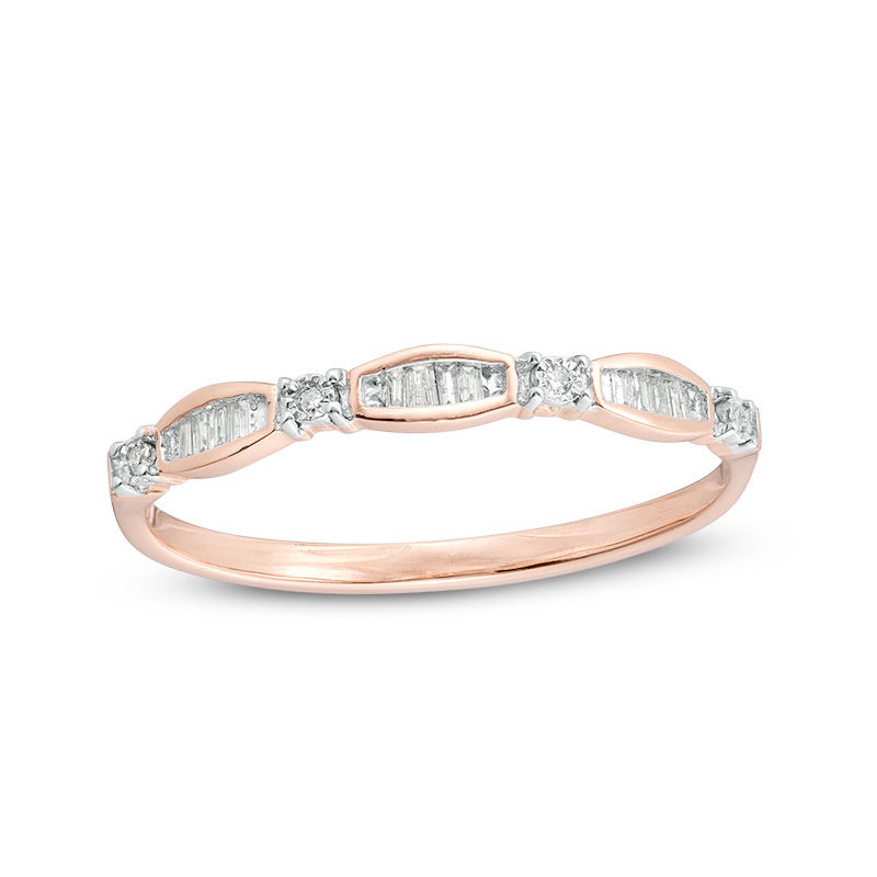 0.05 CT. T.W. Baguette and Round Diamond Station Band in 10K Rose Gold