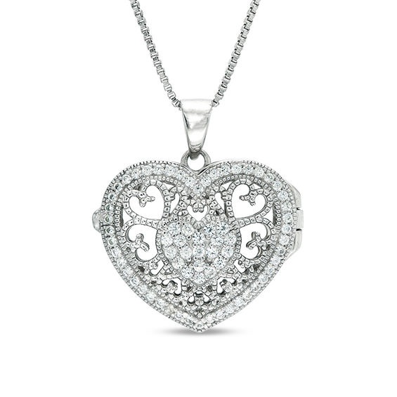 Lab-Created White Sapphire Cluster Vintage-Style Heart Locket in Sterling Silver