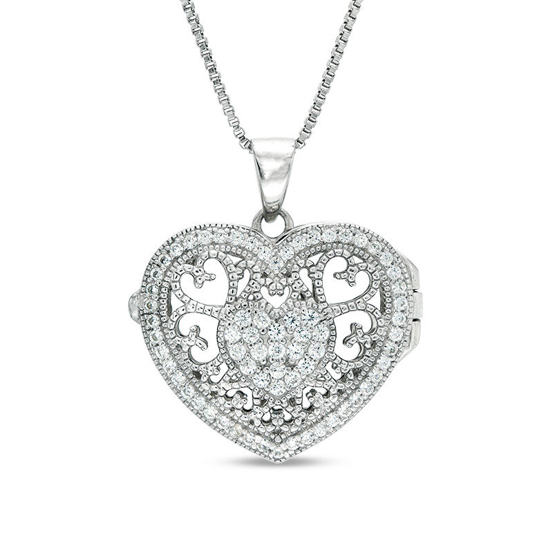 Main Image 1 of Lab-Created White Sapphire Cluster Vintage-Style Heart Locket in Sterling Silver