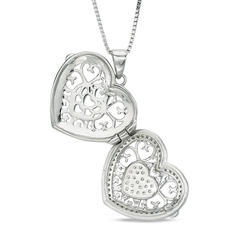 Main Image 3 of Lab-Created White Sapphire Cluster Vintage-Style Heart Locket in Sterling Silver