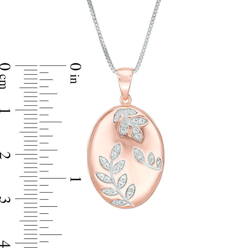 Lab-Created White Sapphire Leaf Vine Oval Locket in Sterling Silver with 18K Rose Gold Plate