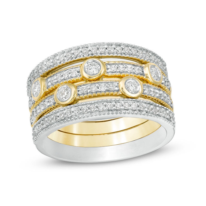 Convertibilities 0.46 CT. T.W. Diamond Station Four Piece Stackable Band Set in Sterling Silver and 10K Gold