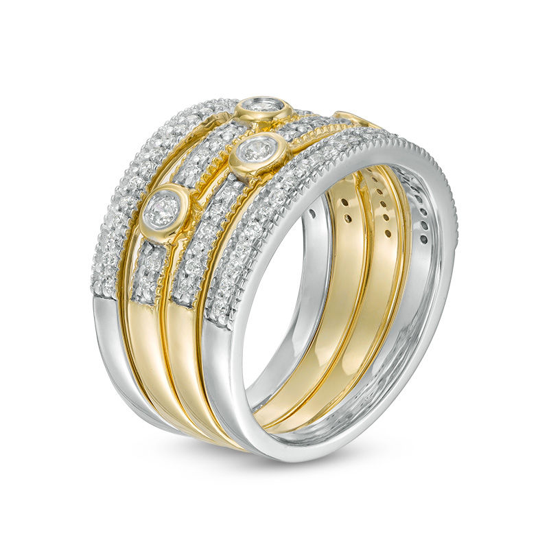 Convertibilities 0.46 CT. T.W. Diamond Station Four Piece Stackable Band Set in Sterling Silver and 10K Gold