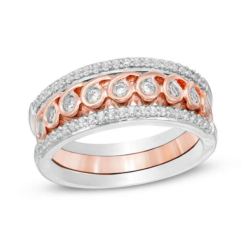 Main Image 1 of Convertibilities 0.46 CT. T.W. Diamond Spiral Loop Three Piece Stackable Band Set in Sterling Silver and 10K Rose Gold