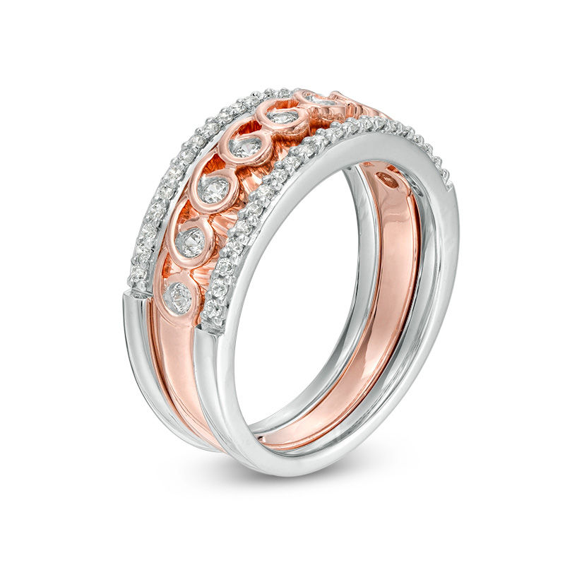 Convertibilities 0.46 CT. T.W. Diamond Spiral Loop Three Piece Stackable Band Set in Sterling Silver and 10K Rose Gold